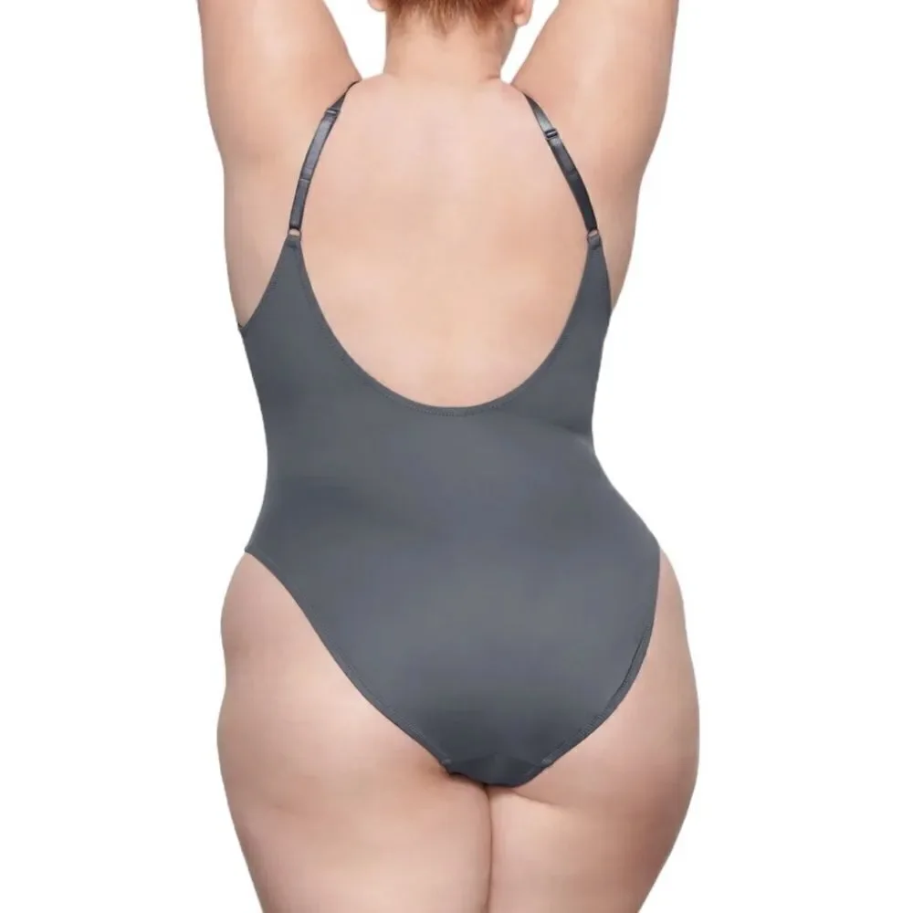 NWT SKIMS Signature Swim Scoop Neck One Piece Swimsuit In Gunmetal Gray